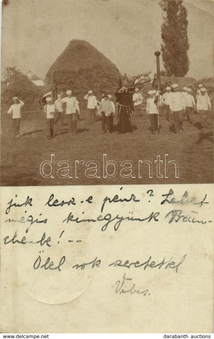 T2/T3 ~1911 Konop, Conop; Mezőgazdasági Munkálatok, Legények Zászlóval, Cséplőgép, Szerzetes / Agricultural Work, Flag,  - Sin Clasificación