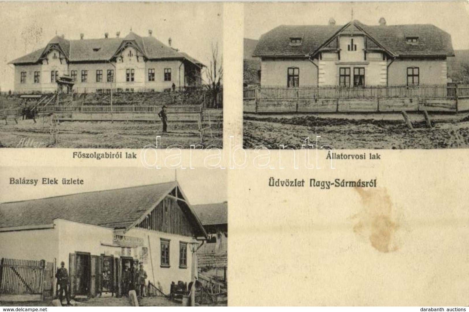 T2 1913 Nagysármás, Sarmasu; Főszolgabírói és állatorvosi Lak, Balázsy Elek üzlete. Adler Fényirda 1910. / Shop, Houses  - Ohne Zuordnung