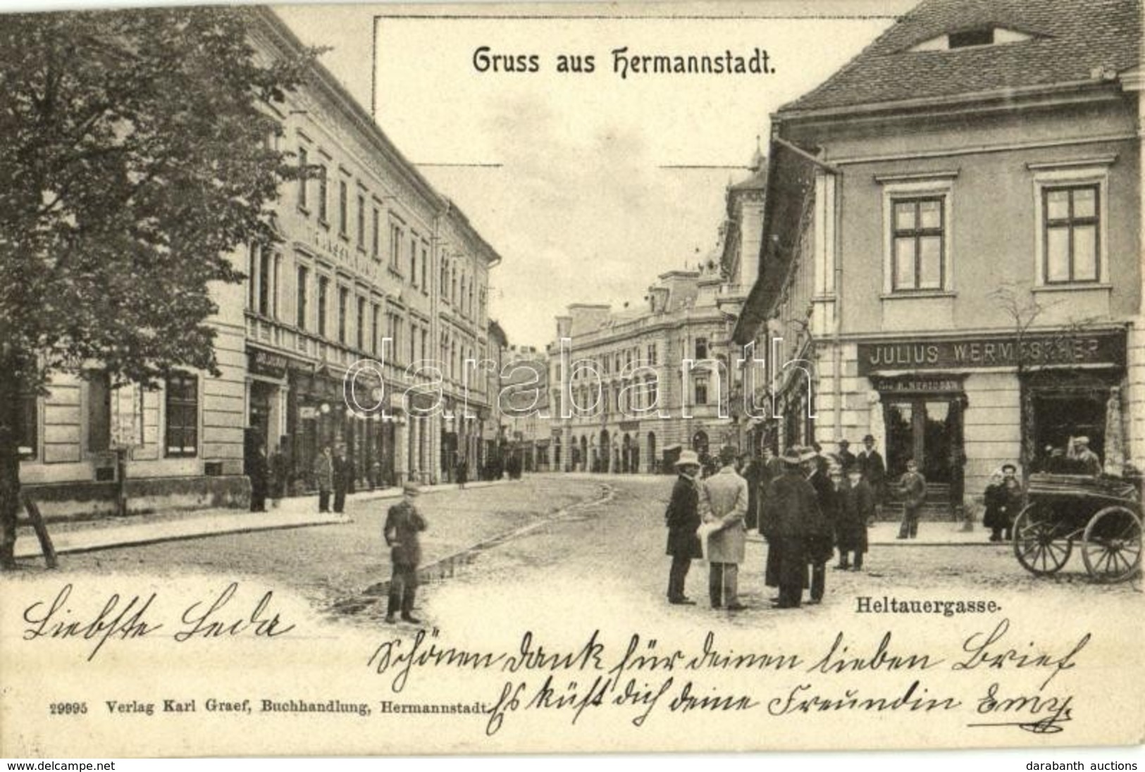 T2 1901 Nagyszeben, Hermannstadt, Sibiu; Heltauergasse / Disznódi Utca, Julius Wermescher és Carl Landmann üzlete, Trans - Ohne Zuordnung