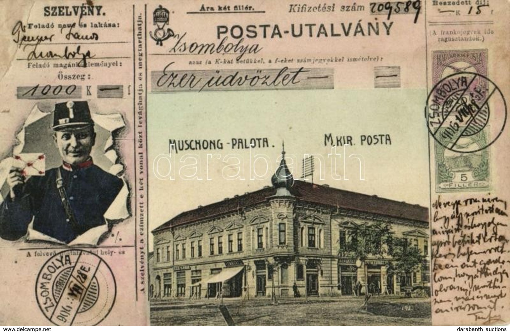 T3/T4 1906 Zsombolya, Hatzfeld, Jimbolia; Muschong Palota M. Kir. Posta, Kemmert J. üzlete. Posta-utalvány Montázs Postá - Sin Clasificación