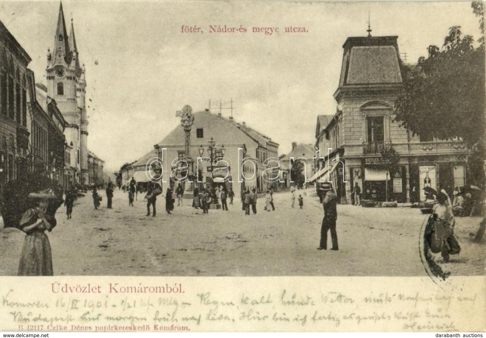 T2 1901 Komárom, Komárnó; Fő Tér, Nádor és Megye Utca, Szentháromság Szobor, Stettler és Mészáros András üzlete. Czike D - Otros & Sin Clasificación