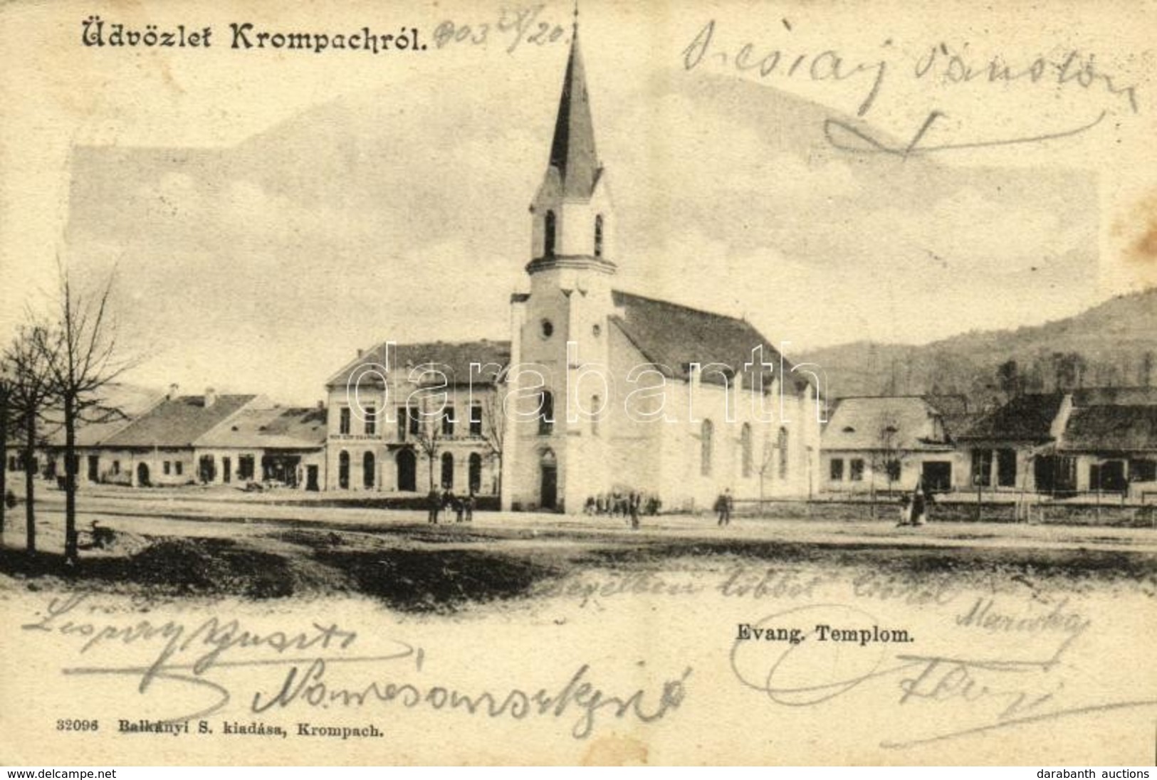 T2/T3 1903 Korompa, Krompach, Krompachy; Evangélikus Templom, Bor és Sörcsarnok, Vendéglő, étterem, üzletek. Kiadja Balk - Otros & Sin Clasificación