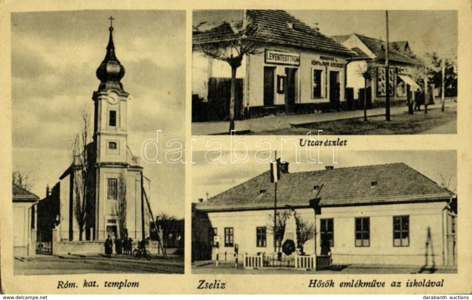 T2/T3 1944 Zselíz, Zeliezovce; Római Katolikus Templom, Utca, Hősök Emlékműve, Iskola, Levente Otthon, Országzászló, Mod - Other & Unclassified