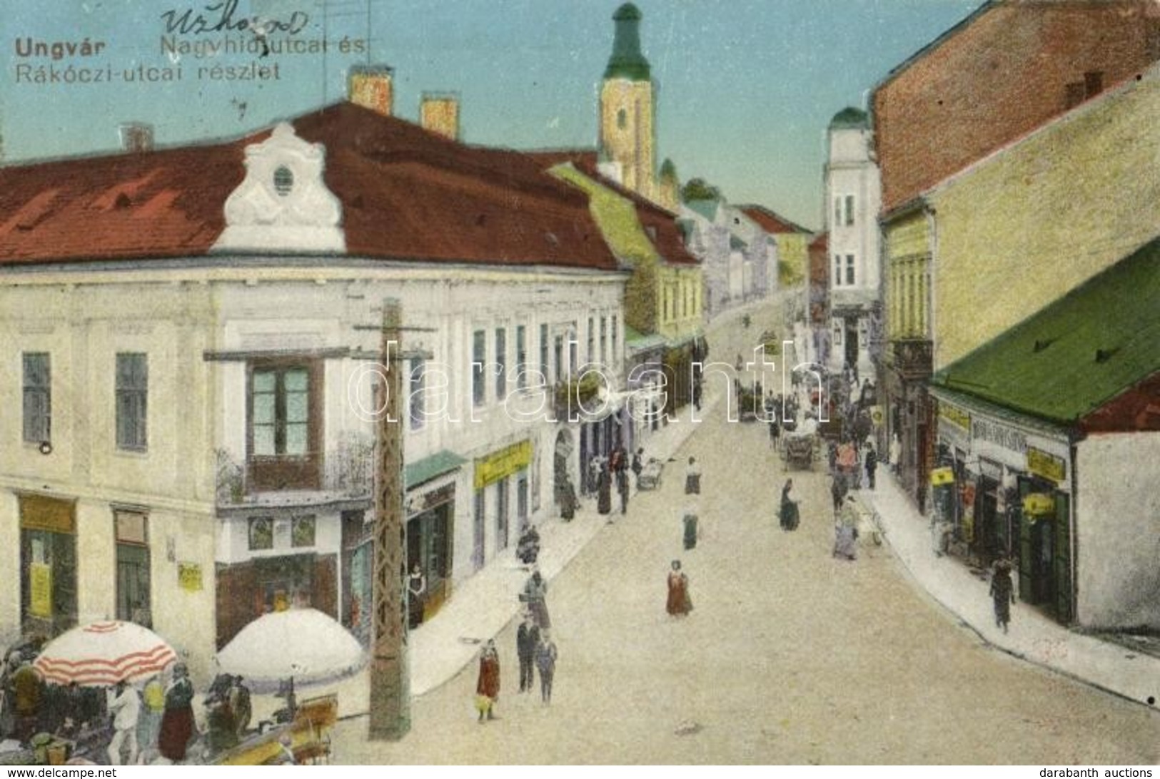 T2/T3 1920 Ungvár, Uzshorod, Uzhhorod, Uzhorod; Nagyhíd és Rákóczi Utca, Piac, Bor és Sörcsarnok, üzletek / Streets, Mar - Other & Unclassified