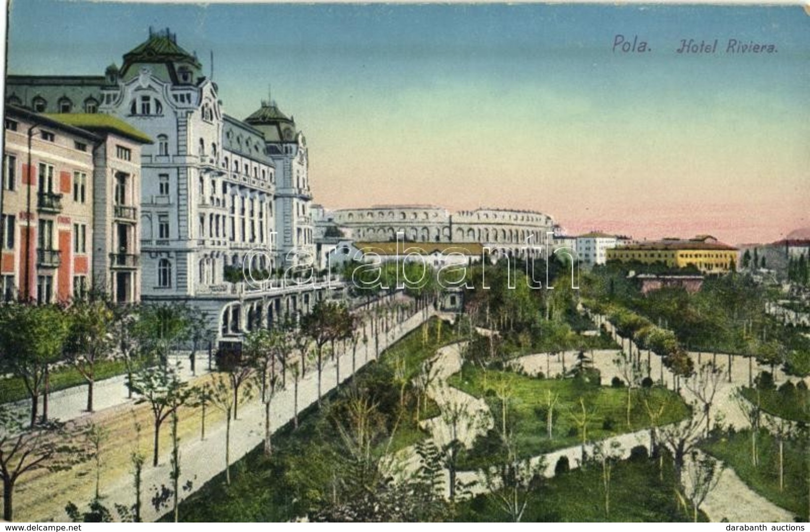 ** T2 Pola, Pula; Hotel Riviera, Tram, Park, Amphitheatre. C. Fano 1915/16. 3. - Otros & Sin Clasificación