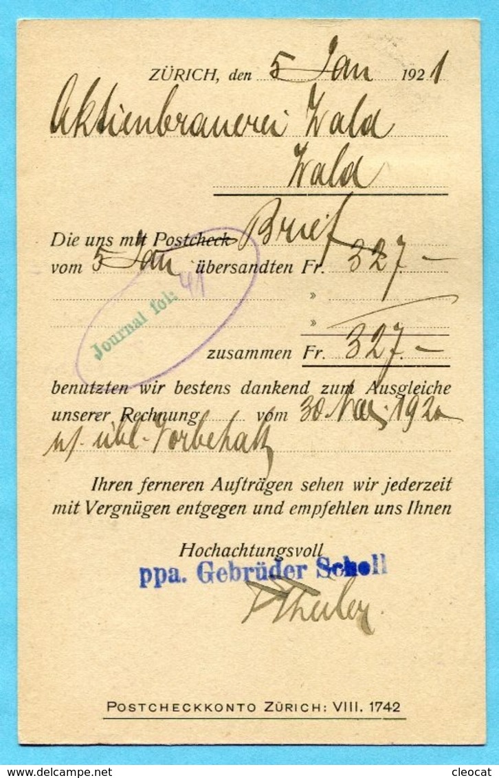 Postkarte Mit Zudruck Gebrüder Scholl Zürich 1921 - Interi Postali