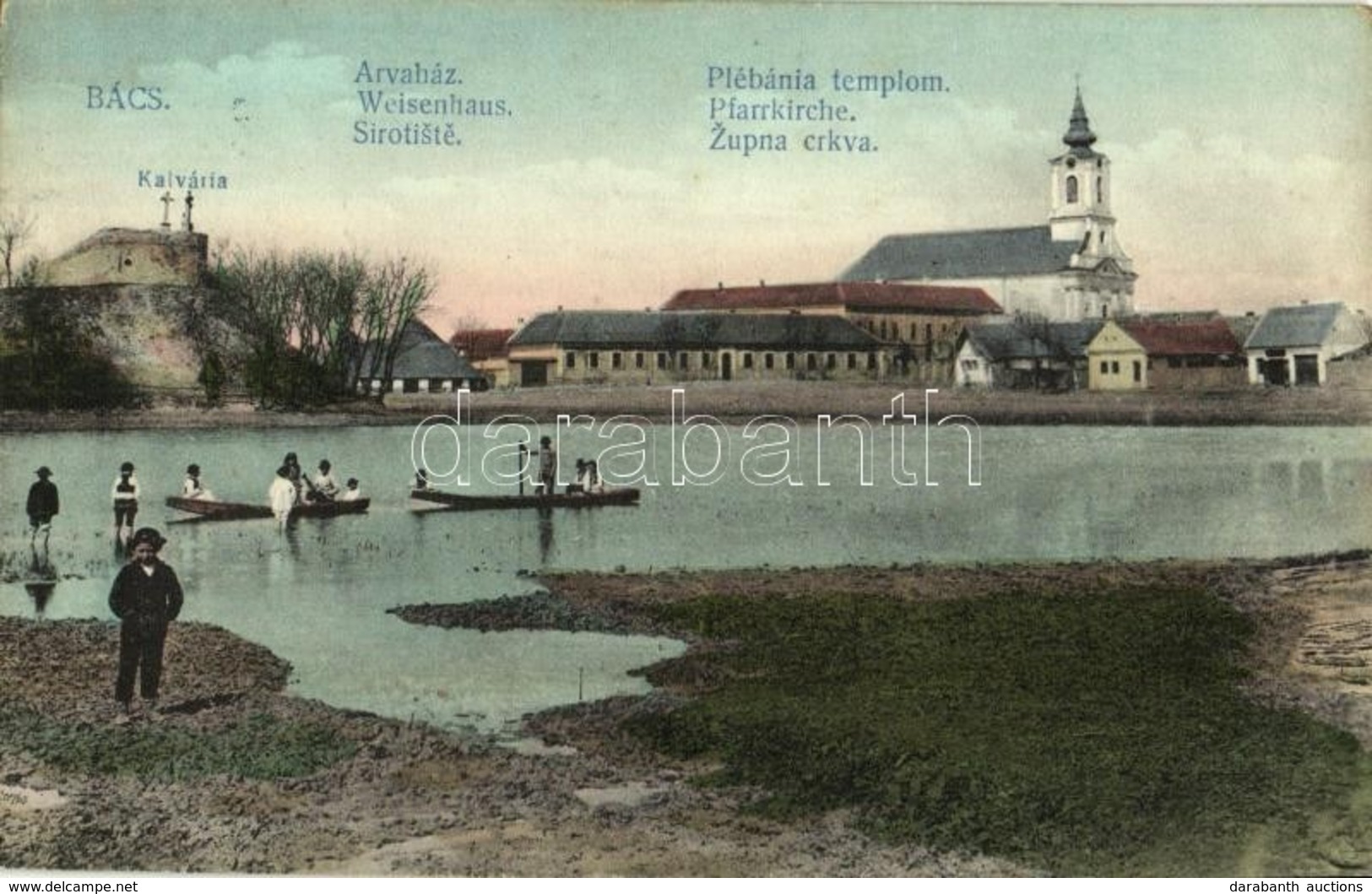 T2/T3 Bács, Batsch, Bac; Árvaház, Plébánia Templom, Kálvária, Csónakosok / Orphanage, Calvary, Church, Boats (EK) - Unclassified