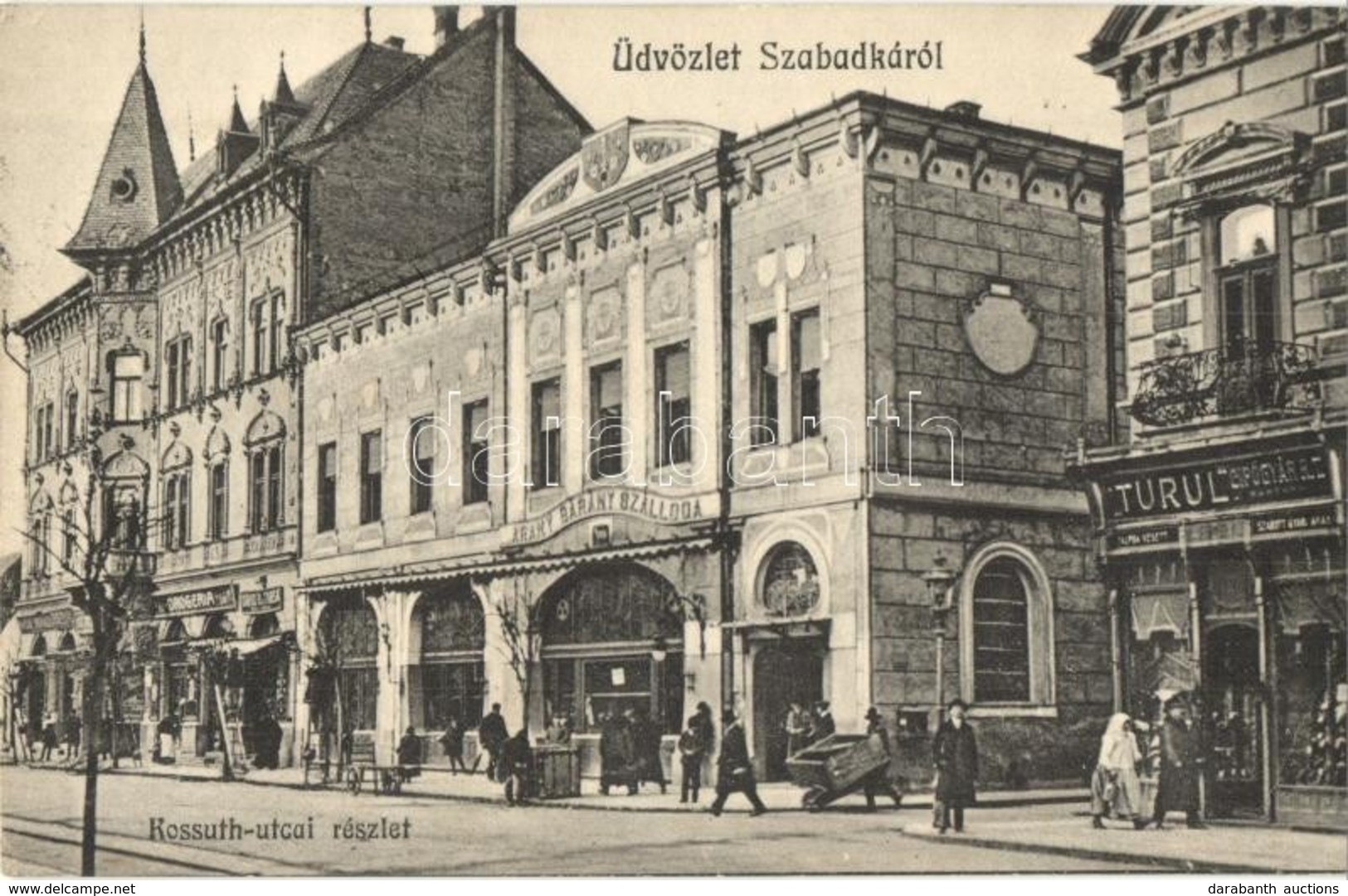 T2 Szabadka, Subotica; Kossuth Utca, Gyógyszertár, Arany Bárány Szálloda, Turul Cipőgyár üzlete / Street View With Hotel - Ohne Zuordnung