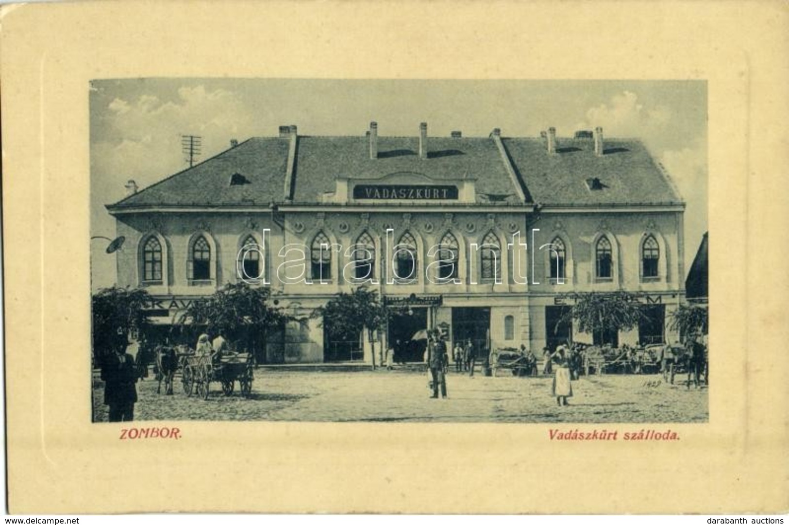 ** T2 Zombor, Sombor; Vadászkürt Szálloda, Kávéház és étterem, Lovaskocsik. W.L. Bp. 3741. / Hotel, Cafe And Restaurant, - Unclassified