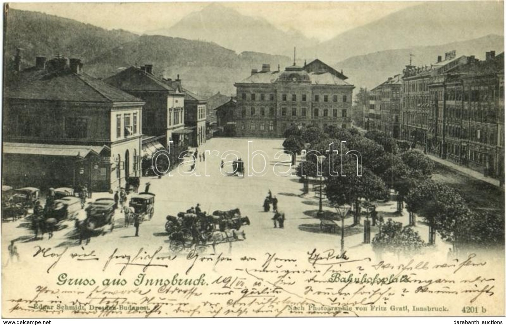 T3 1900 Innsbruck, Bahnhofsplatz / Square, Railway Station, Horse-drawn Carriages (wet Corners) - Otros & Sin Clasificación