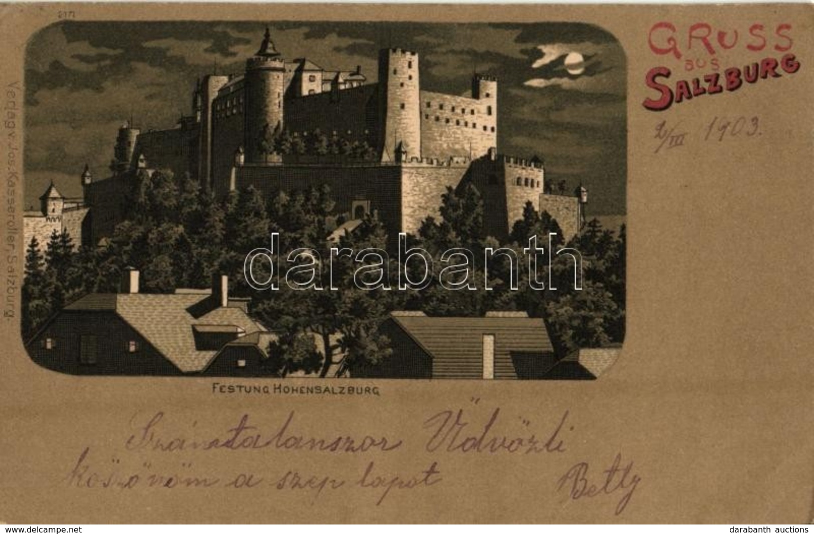 T2/T3 1903 Salzburg, Festung Hohensalzburg / Castle At Night.  Verlag V. Jos. Kasseroller 2171. Art Nouveau, Litho (EK) - Otros & Sin Clasificación