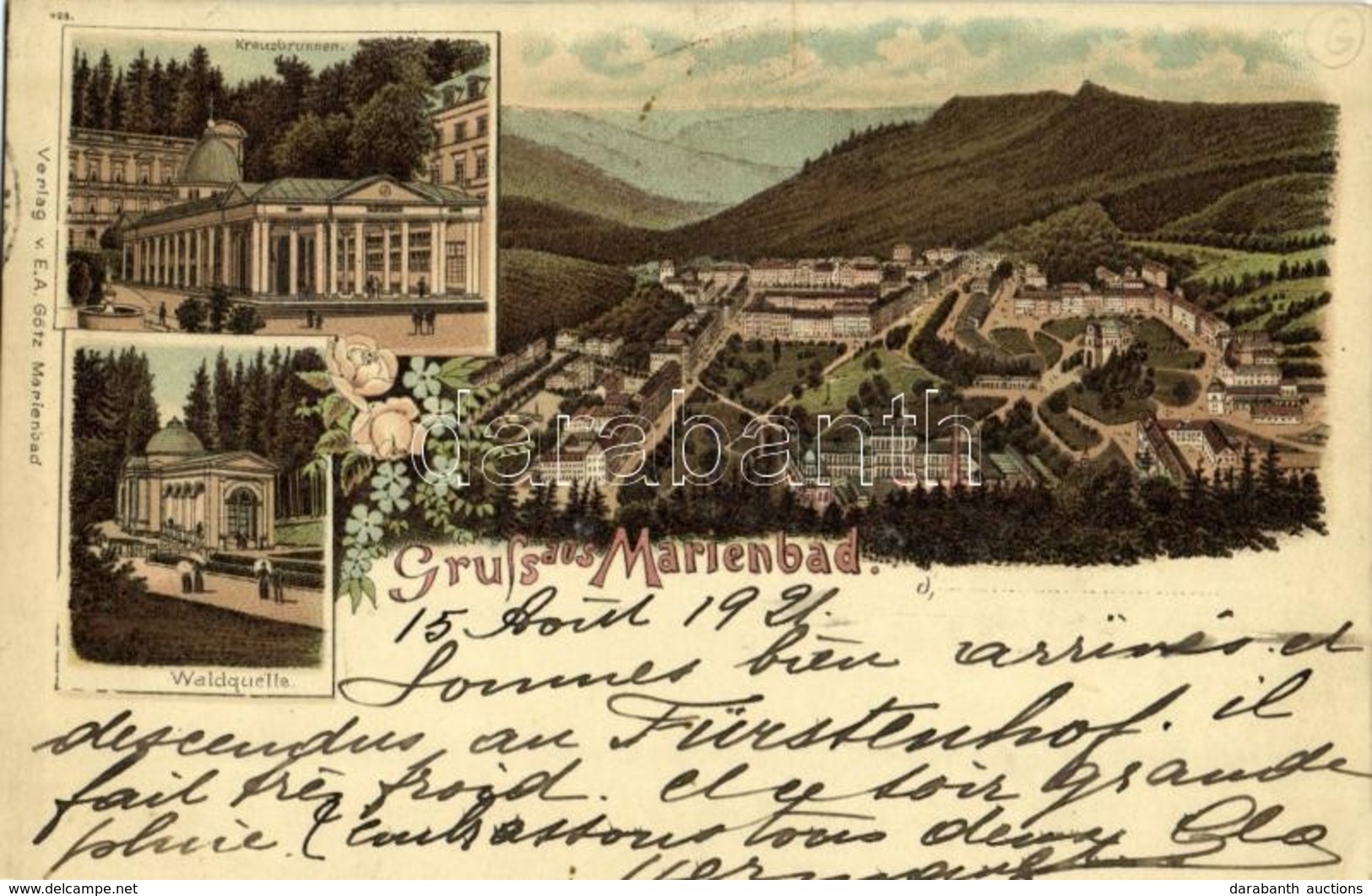 T2 1921 Mariánské Lázne, Marienbad; Kreuzbrunnen, Waldquelle / General View, Fountain, Forest Spring, Litho - Otros & Sin Clasificación