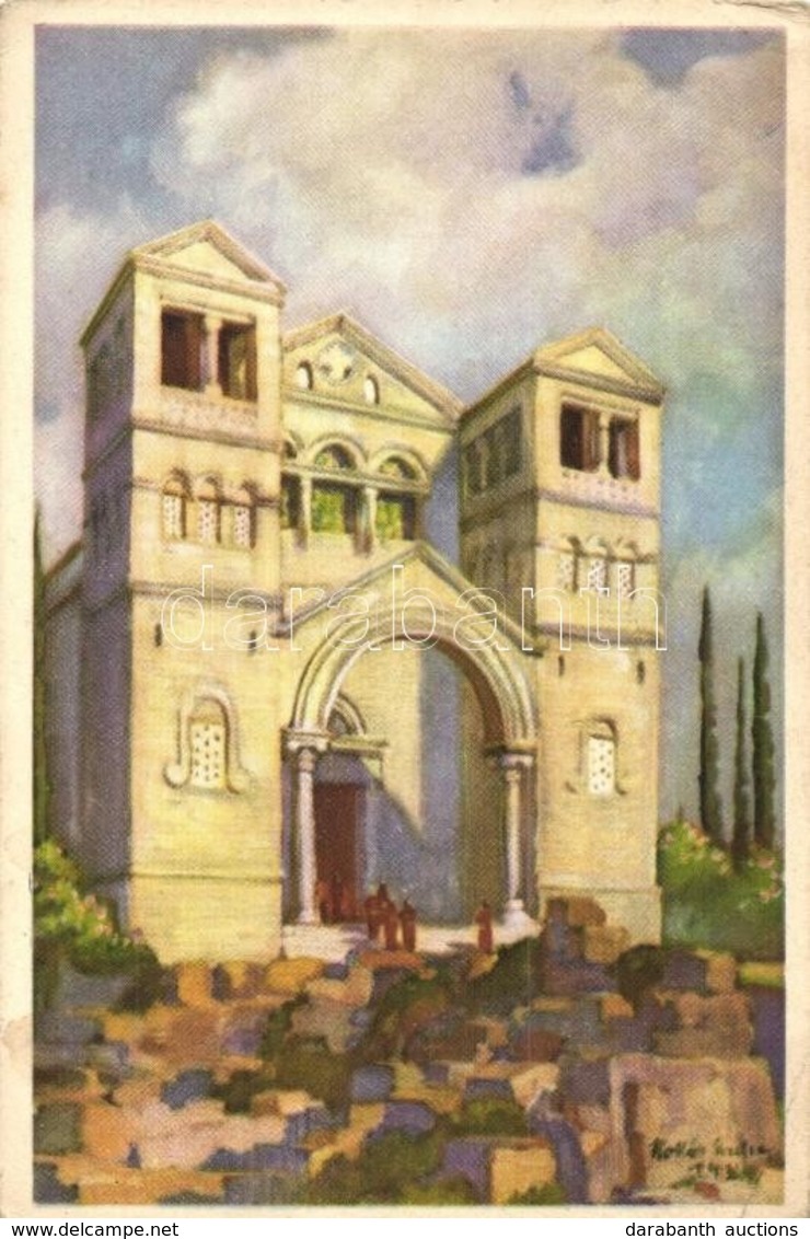 T2/T3 Mount Tabor, Tábor-hegy; Bazilika / Church, Art Postcard S: Hollós Endre - Otros & Sin Clasificación