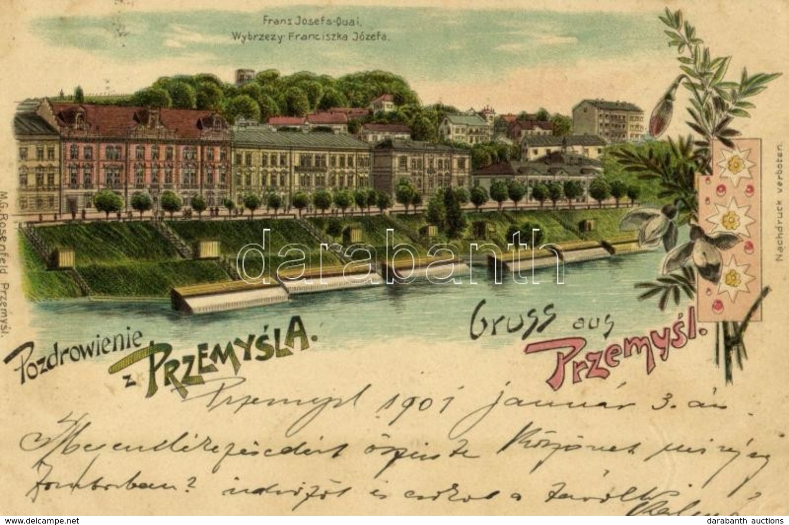 T2/T3 1901 Przemysl, Franz Josefs-Quai / Wybrzezy Franciszka Józefa / Quay. M. G. Rosenfeld Art Nouveau, Floral, Litho   - Sonstige & Ohne Zuordnung