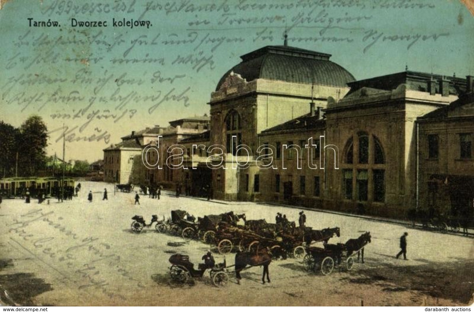 T3/T4 Tarnów, Tarnau; Dworzec Kolejowy / Railway Station, Horse Carts (tear) - Otros & Sin Clasificación