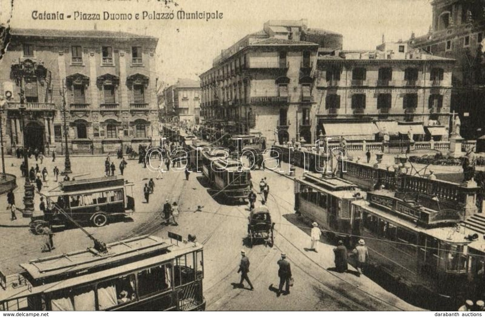 T2 1924 Catania, Piazza Duomo E Palazzo Municipale / Square, Grand Hotel Central Europe, Trams, Autobus - Sonstige & Ohne Zuordnung