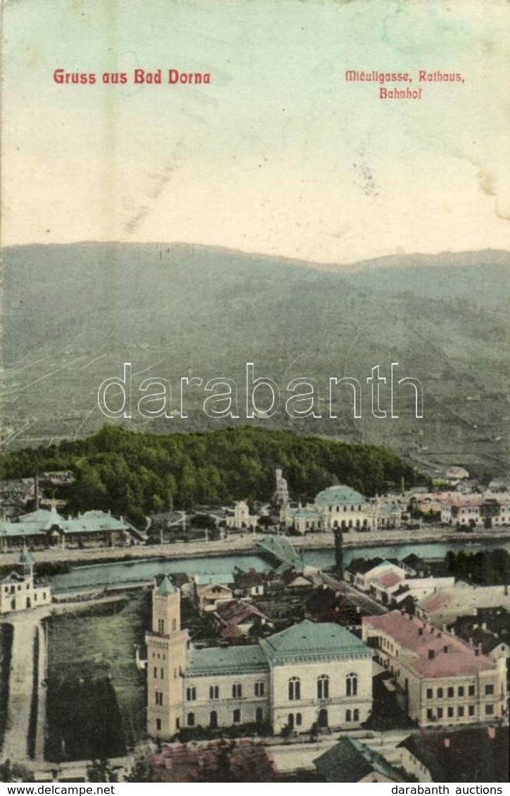 * T2/T3 1907 Vatra Dornei, Dornavátra, Bad Dorna, Dorna-Watra; Miculigasse, Rathaus, Bahnhof / Utcakép, Városháza, Vasút - Other & Unclassified