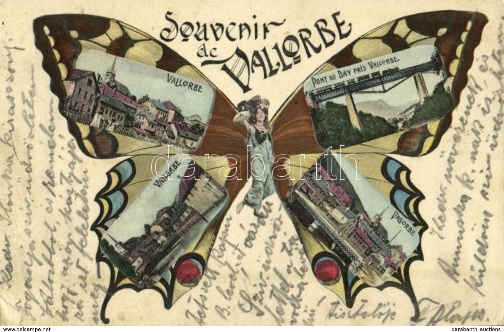 T2/T3 1905 Vallorbe, Souvenir, Pont Du Day / Railway Bridge. Art Nouveau Montage Postcard With Butterfly Lady (EK) - Other & Unclassified