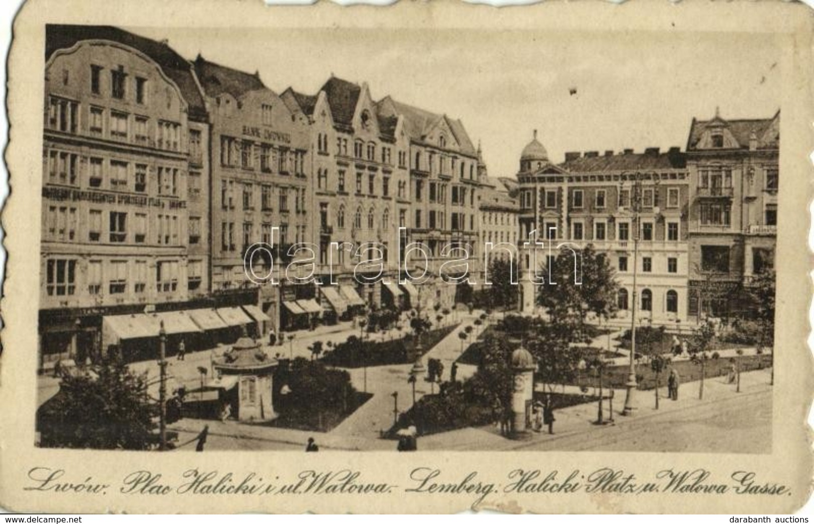 T2/T3 1917 Lviv, Lwów, Lemberg; Plac Halicki I Ul. Walowa / Halicki Platz U. Walowa Gasse / Square, Street View, Bank (f - Otros & Sin Clasificación