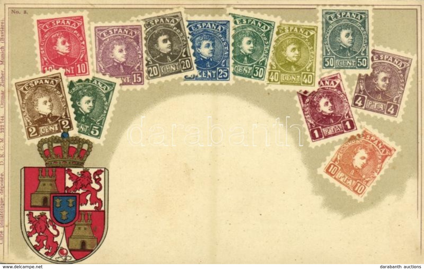 ** T1/T2 Espana / Stamps And Coat Of Arms Of Spain. Carte Philatelique Ottmar Zieher No. 3. Litho - Ohne Zuordnung