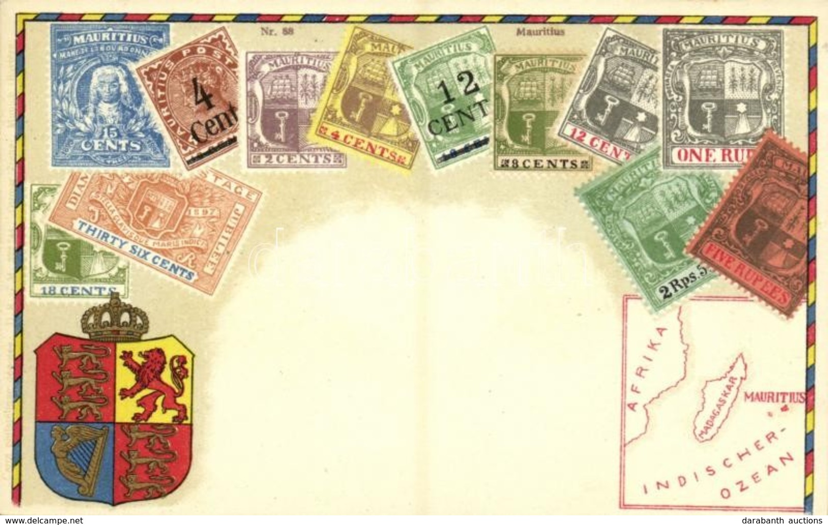 ** T1 Mauritius / Stamps, Coat Of Arms And Map Of Mauritius. Carte Philatelique Ottmar Zieher No. 88. Litho - Unclassified