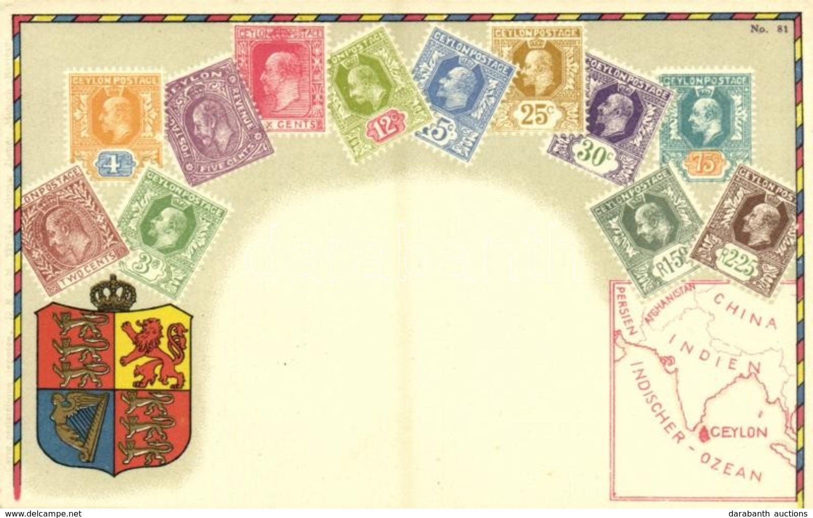 ** T1 Ceylon / Stamps, Coat Of Arms And Map Of Sri Lanka. Carte Philatelique Ottmar Zieher No. 81. Litho - Zonder Classificatie
