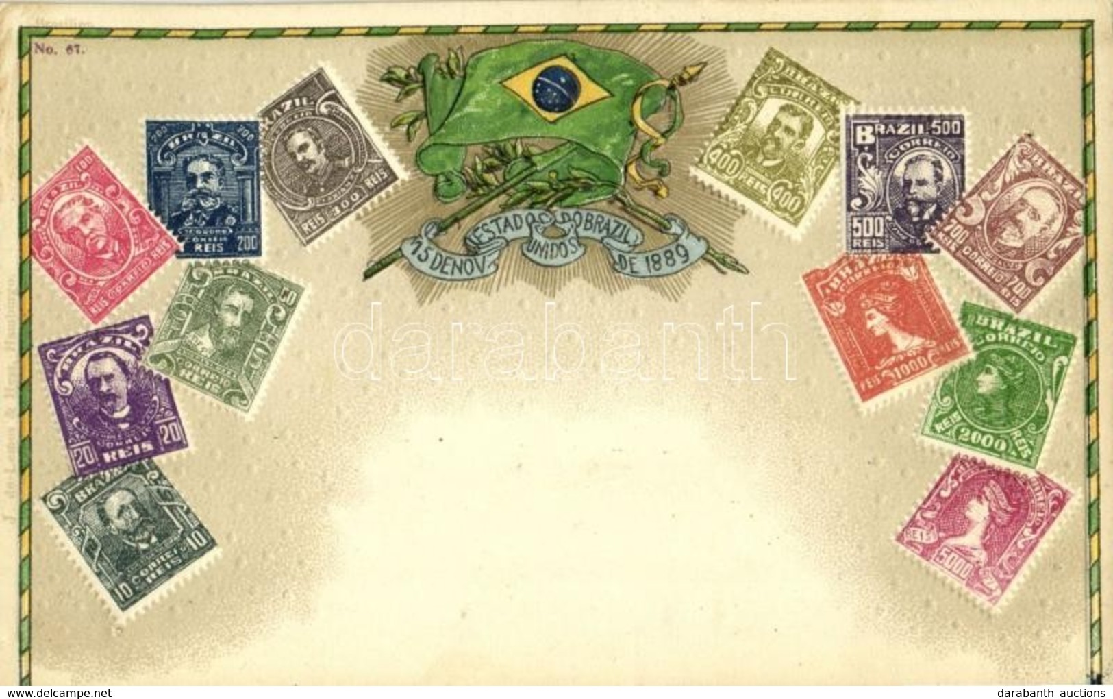 ** T2 Brasilien / République Des États-Unis Du Brésil / Brazilian Stamps And Flag. J. De Lemos & Hess No. 67. Emb. Art N - Sin Clasificación