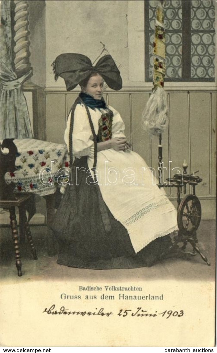 * T1/T2 Badische Volkstrachten, Gruss Aus Dem Hanauerland / Folk Costume From Hanauerland, Woman With Spinning Wheel, Ge - Unclassified