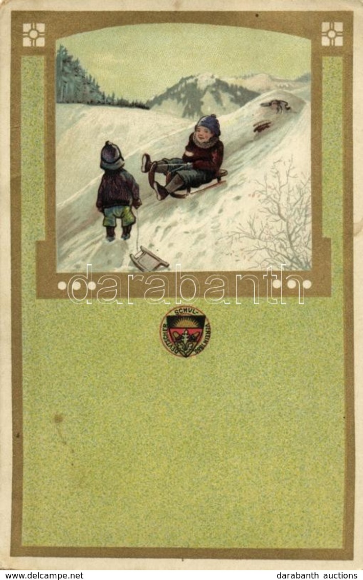 T2 1910 Children With Sleds, Winter, Golden Decoration, Litho, Deutscher Schulverein - Ohne Zuordnung