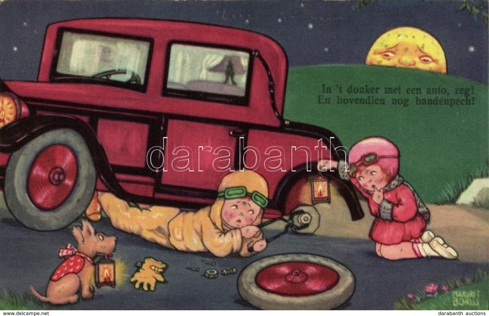 T1/T2 1930 'In 't Donker Met Een Auto, Zeg! En Bovendien Nog Bandenpech!' / Children With Automobile, Changing A Tire, D - Unclassified