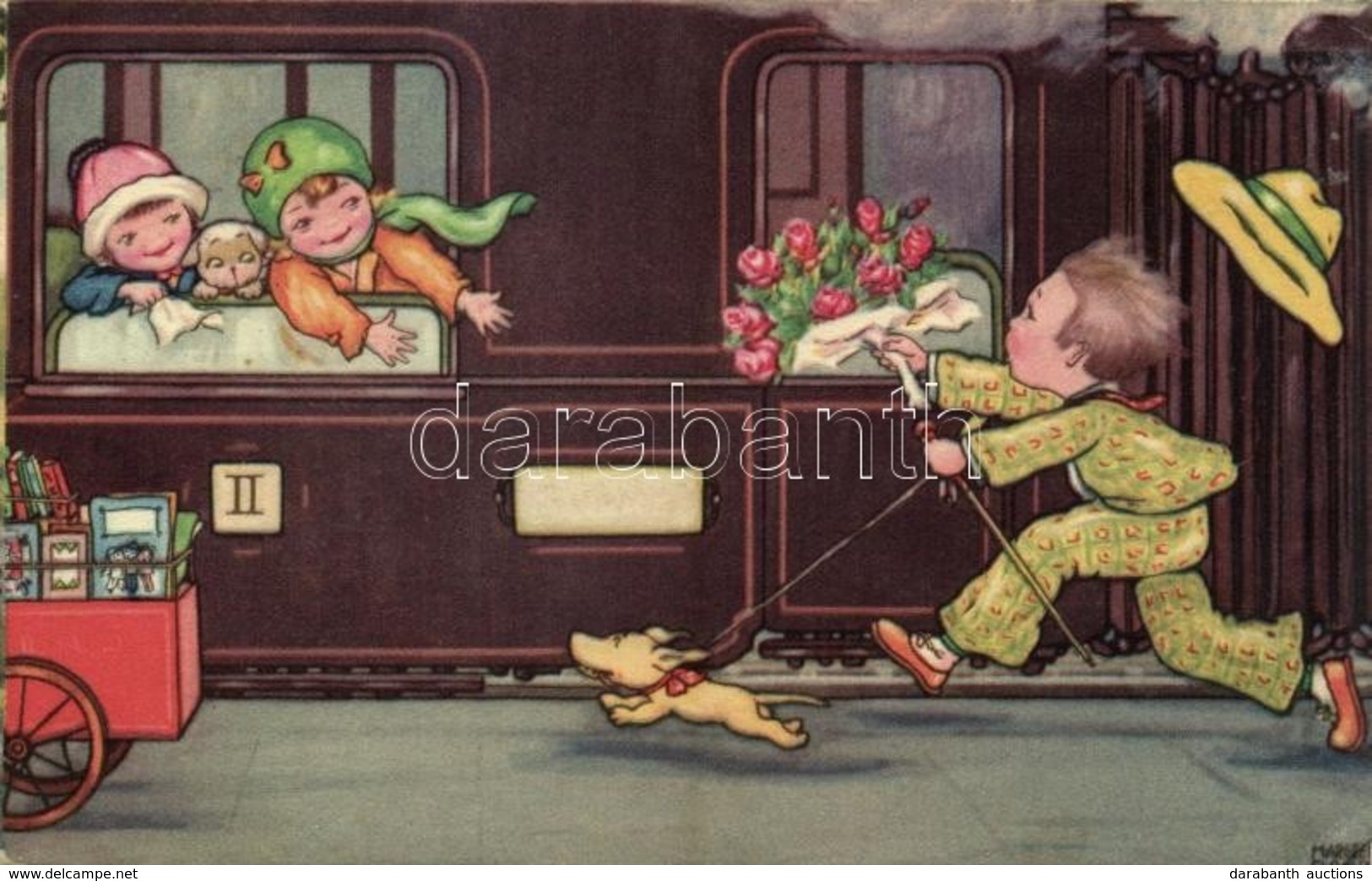 T2/T3 1930 Girls On A Train, Boy With Flowers, Dogs, Amag 0320. S: Margret Boriss (EK) - Unclassified