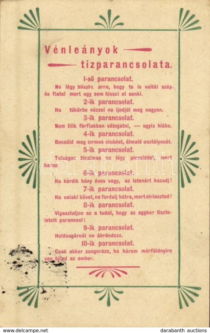 T2 1901 Vénleányok Tízparancsolata. Humoros Lap / Ten Commandments Of Old Maids, Humour - Sin Clasificación