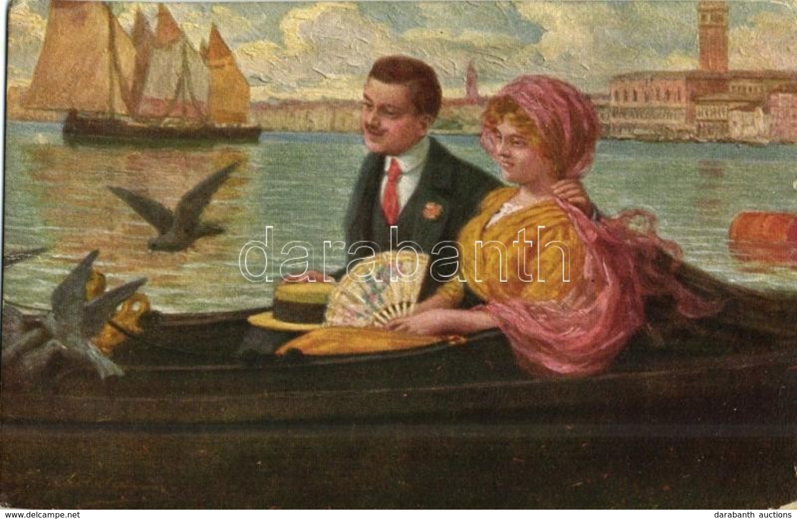 * T2/T3 Couple In A Boat, Pigeons, Sailship, Italian Art Postcard No. 3069/I. (worn Corner) - Sin Clasificación