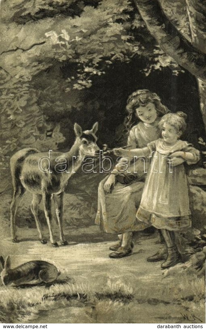 ** T2 Girls In The Forest, Deer, Rabbit, Golden Decoration, Art Postcard S: W. K. - Zonder Classificatie