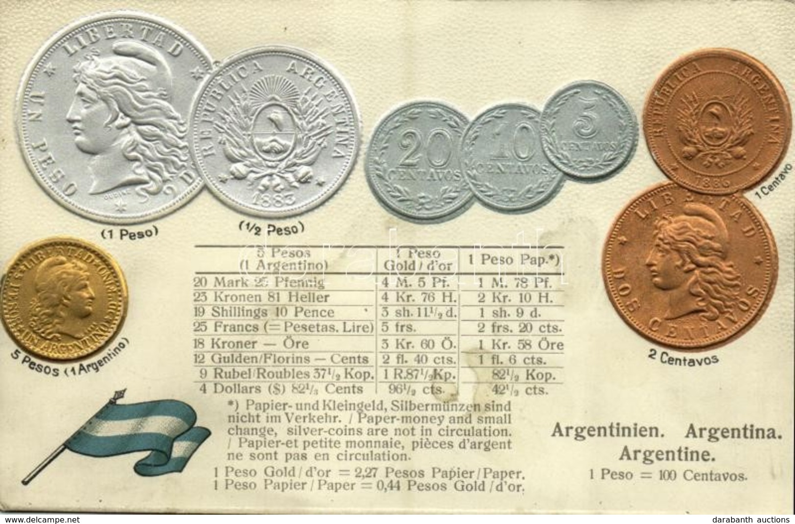 ** T2/T3 Argentinien / Coins And Flag Of Argentina. M. H. Berlin-Oranienburg-Eden. Emb. Litho (pinhole) - Ohne Zuordnung