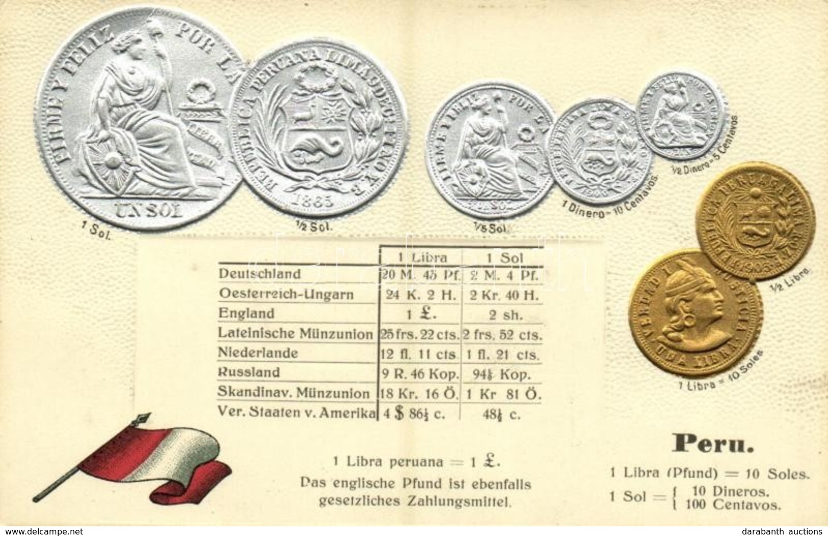 ** T2/T3 Peru / Coins And Flag Of Peru. M. H. Berlin-Schbg. Emb. Litho (pinhole) - Ohne Zuordnung