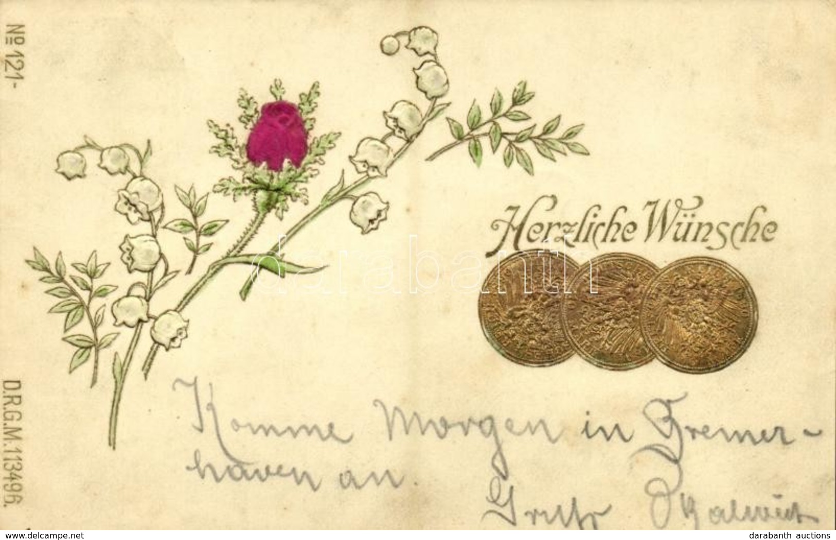 T2 1900 Herzliche Wünsche. Deutsche Reich 10 Mark / Coins Of Germany. Greeting With Flower, Silk Card. DRGM 113496. No.  - Ohne Zuordnung