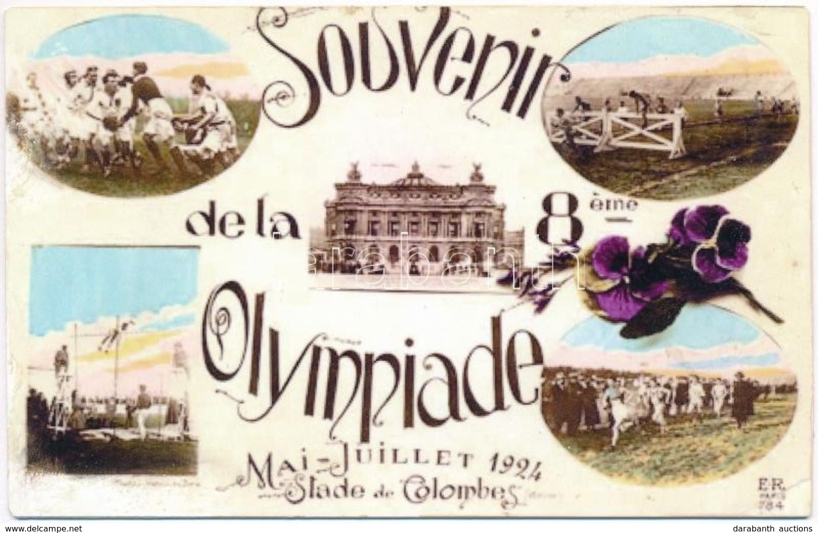 ** T4 1924 Souvenir De La 8eme Olympiade. Stade De Colombes / 1924 Summer Olympics In Paris. Floral Montage Greeting Art - Unclassified