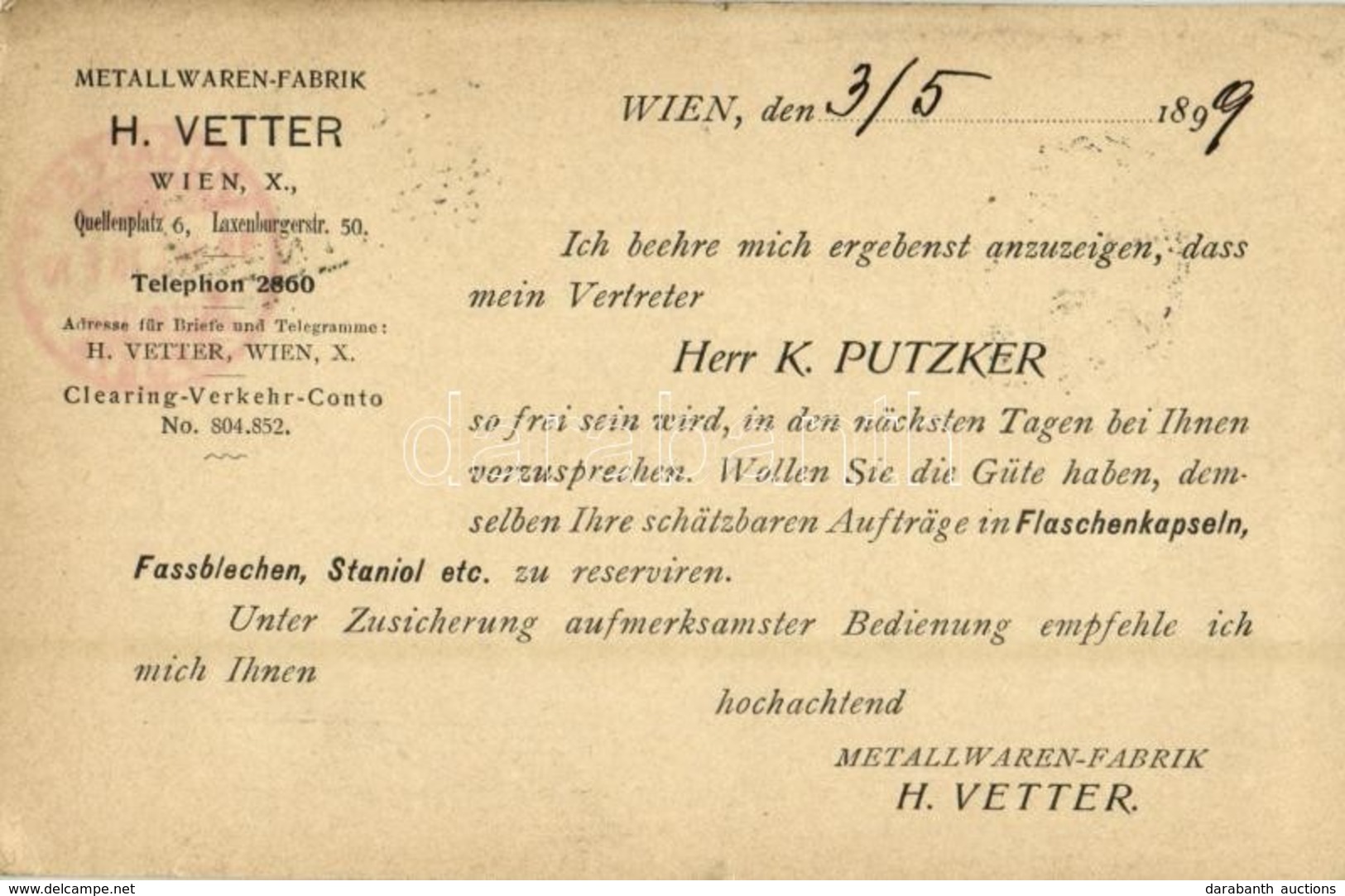 T2/T3 1899 H. Vetter Metallwaren-Fabrik. Wien X. Quellenplatz 6. / Viennese Metalware Factory Advertisement Card (tiny T - Sin Clasificación