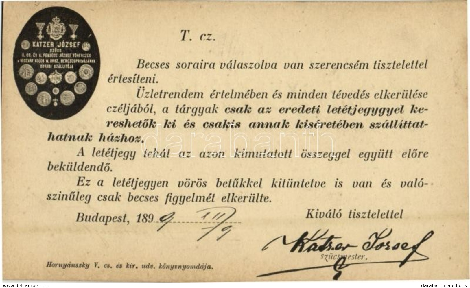 T2/T3 1899 Katzer József Szűcs, Ő Cs. és K. Fensége József Főherceg S Vaszary Kolos M. Orsz. Hercegprímásának Udvari Szá - Unclassified