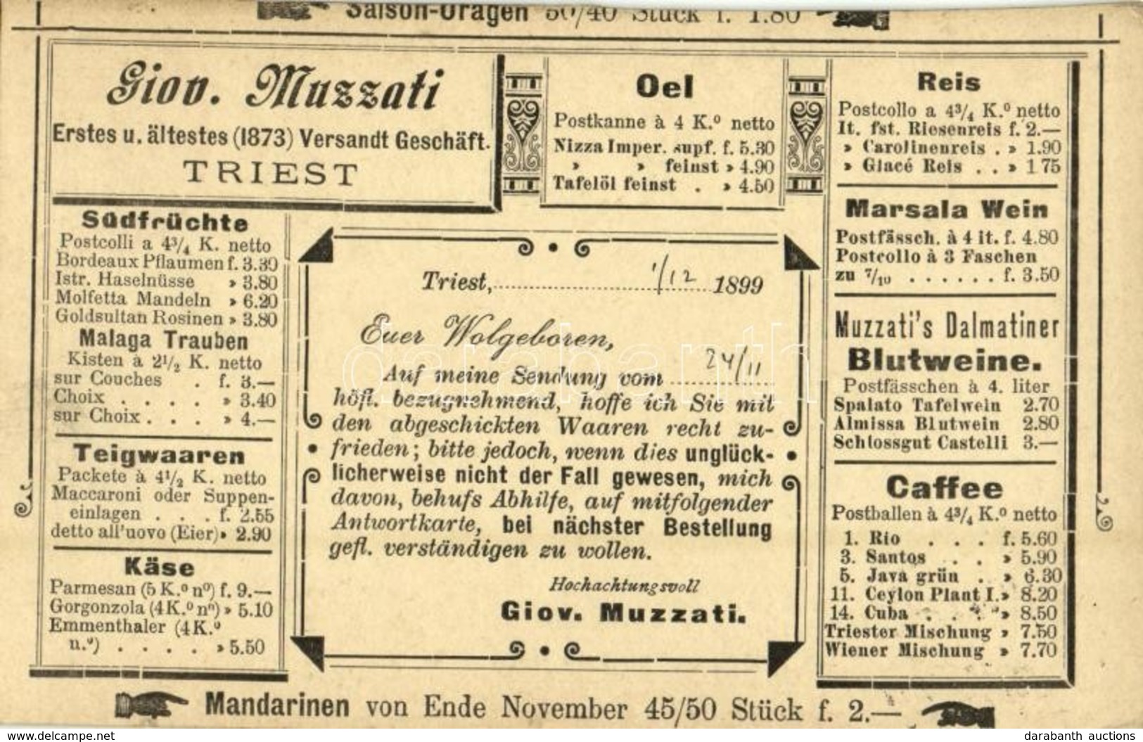 T4 1899 Giov. Muzzati Erstes U. ältestes (1873) Versandt Geschäft Triest / Advertisement Card Of Giovanni Muzzati's Shop - Sin Clasificación