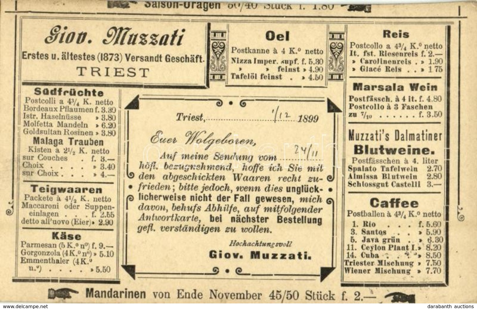 T4 1899 Giov. Muzzati Erstes U. ältestes (1873) Versandt Geschäft Triest / Advertisement Card Of Giovanni Muzzati's Shop - Non Classificati