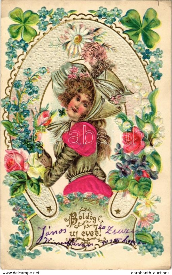 T2/T3 1903 Boldog Újévet! / New Year Greeting Card Emb. Litho With Silk (EK) - Unclassified