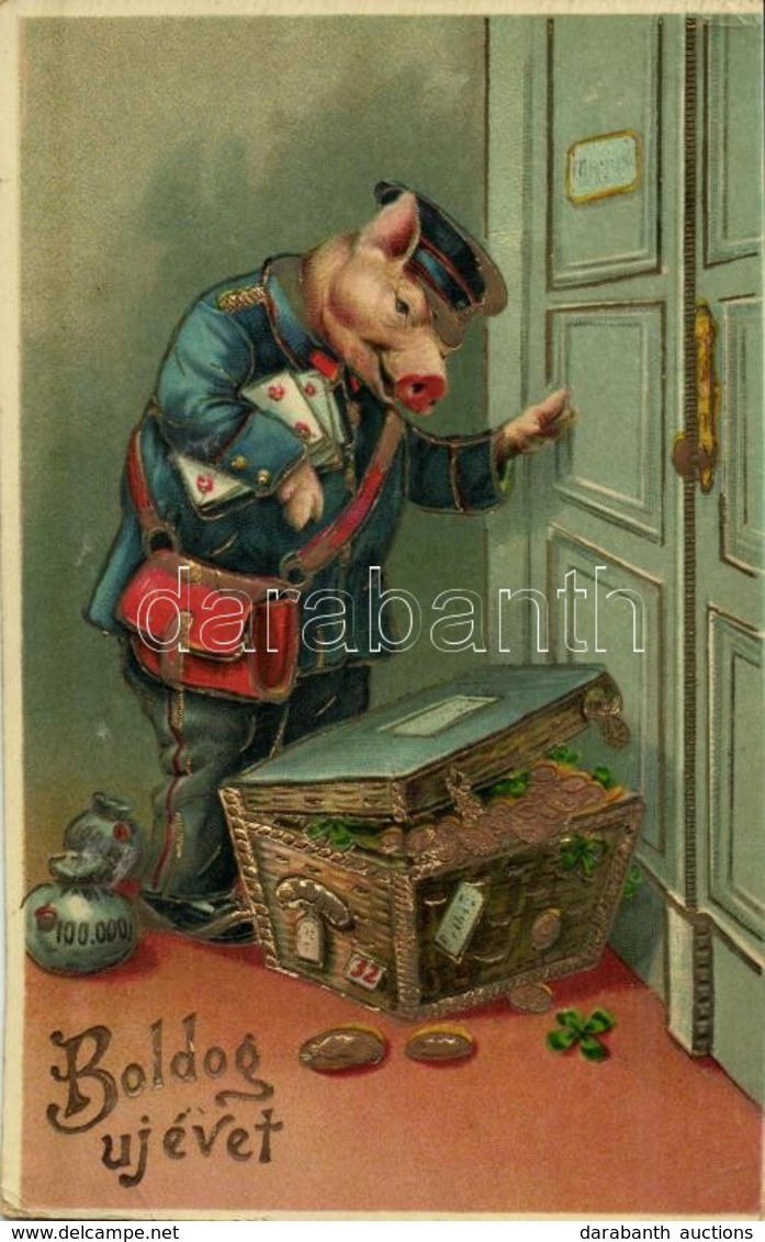 T2/T3 1915 Boldog új évet! / New Year Greeting Art Postcard, Mailman Pig With Money. M.S.i.B. 15343. Emb. Litho (EK) - Ohne Zuordnung