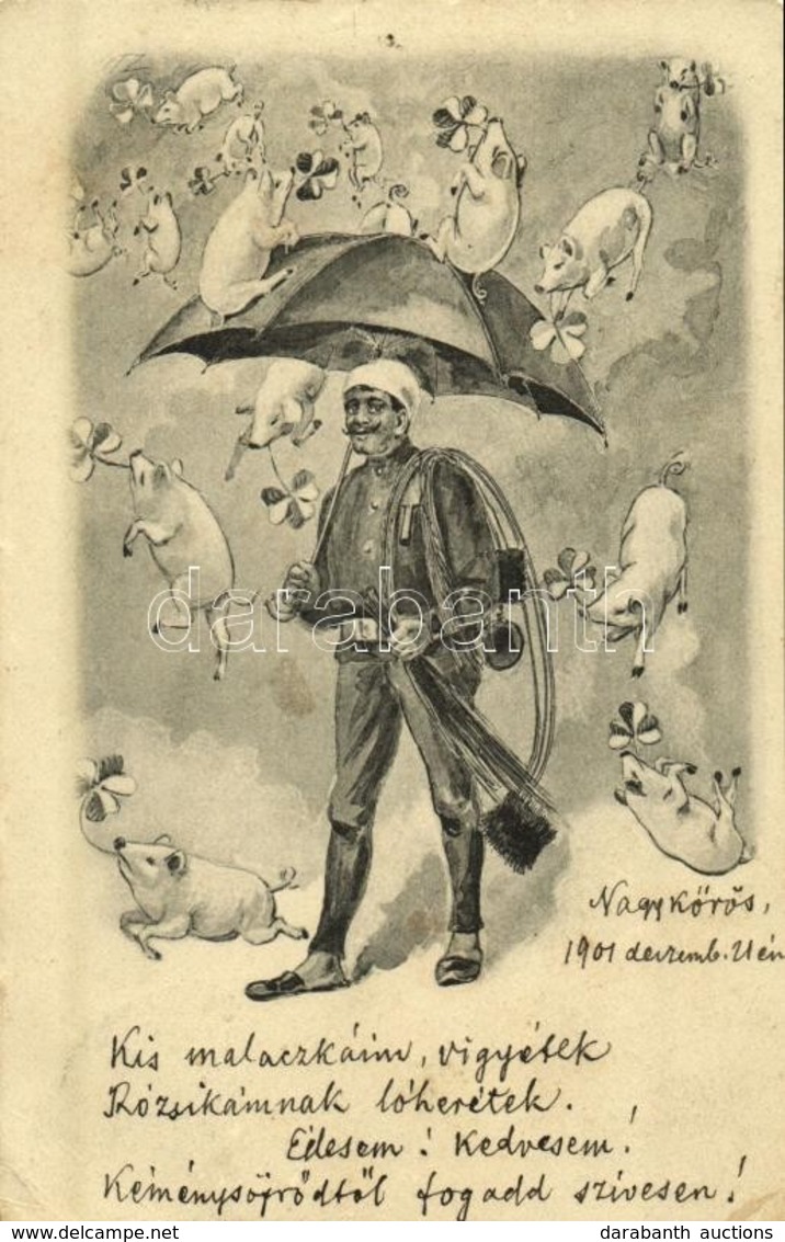 T2/T3 1901 Újév / New Year Greeting Art Postcard, Chimney Sweeper With Falling Pigs (EK) - Unclassified