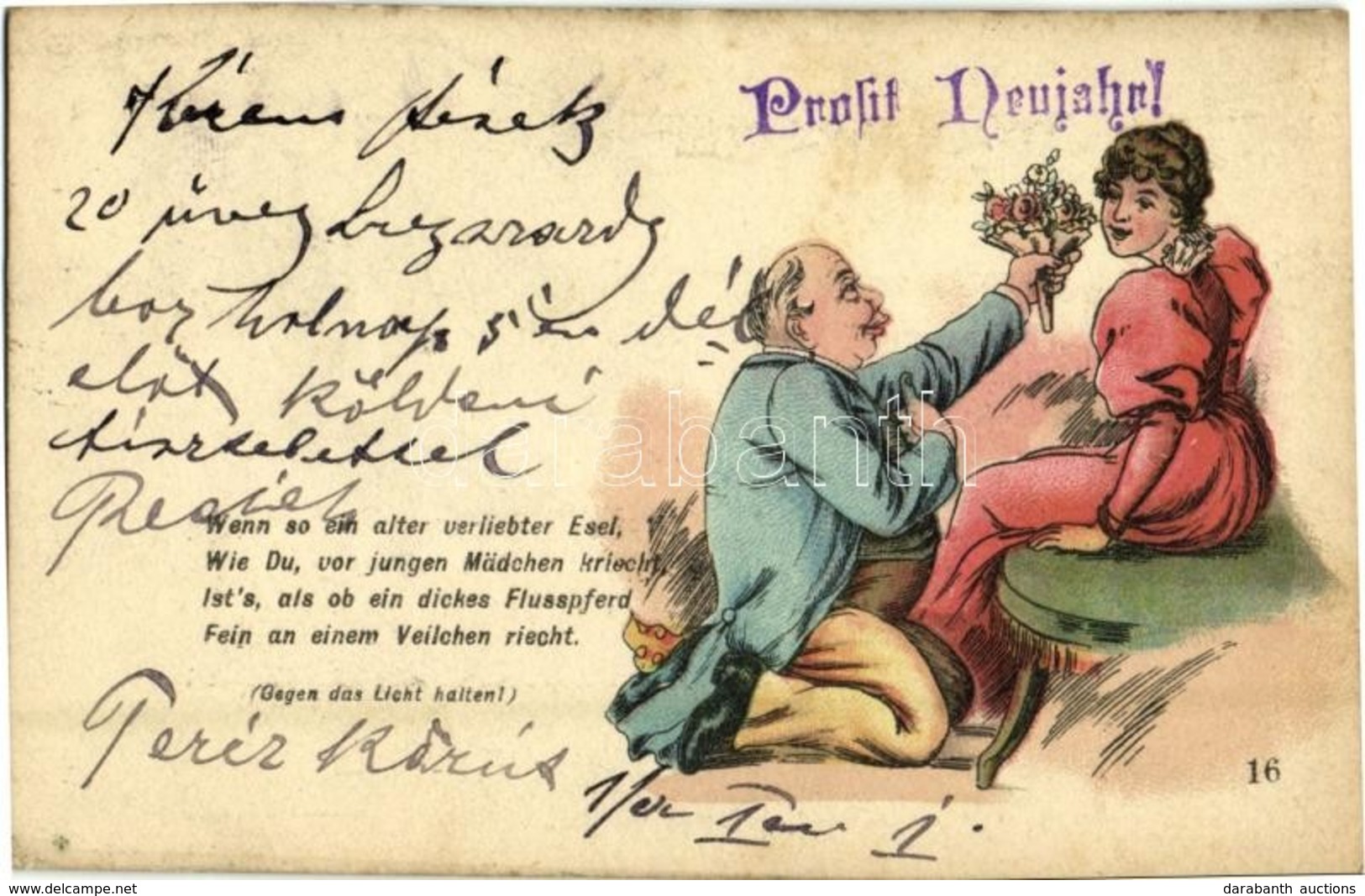 T2/T3 1899 Prosit Neujahr! Gegen Das Licht Halten / New Year Hold To Light Greeting Card, Romantic Couple, Litho (EK) - Ohne Zuordnung