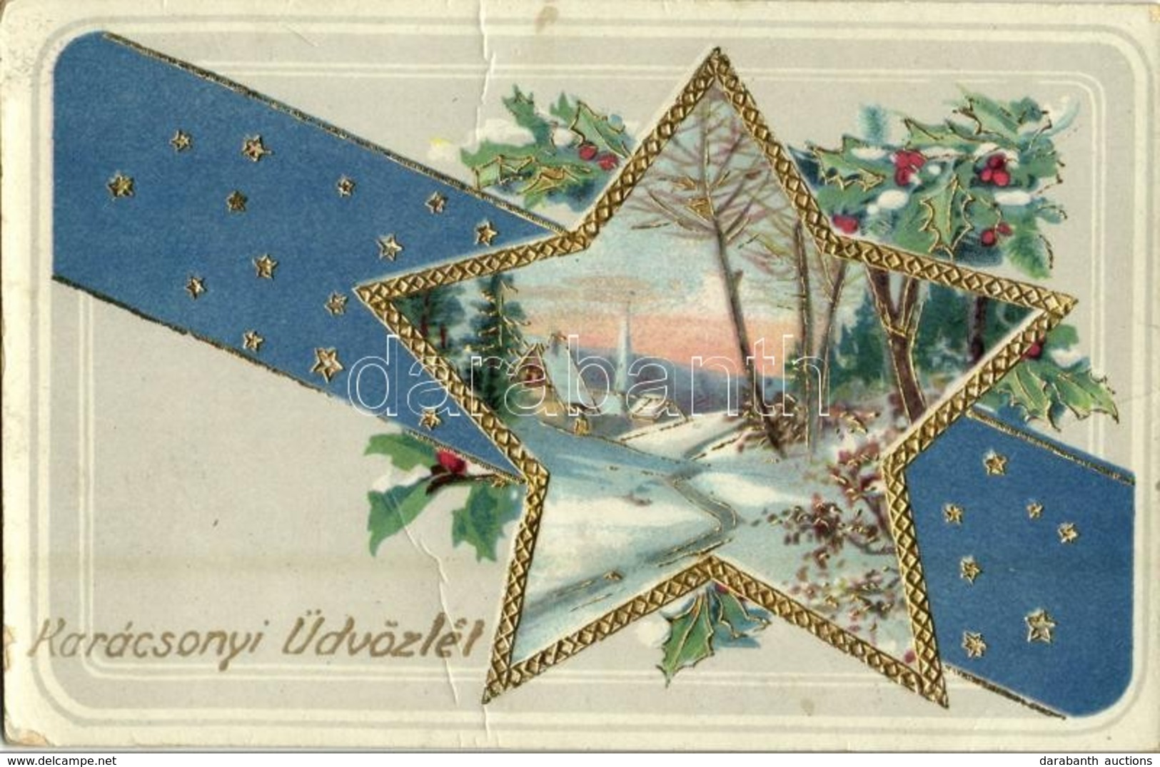 T2/T3 1929 Karácsonyi üdvözlet / Christmas Greeting Card, Golden Decorated, Winter Landscape (fa) - Sin Clasificación