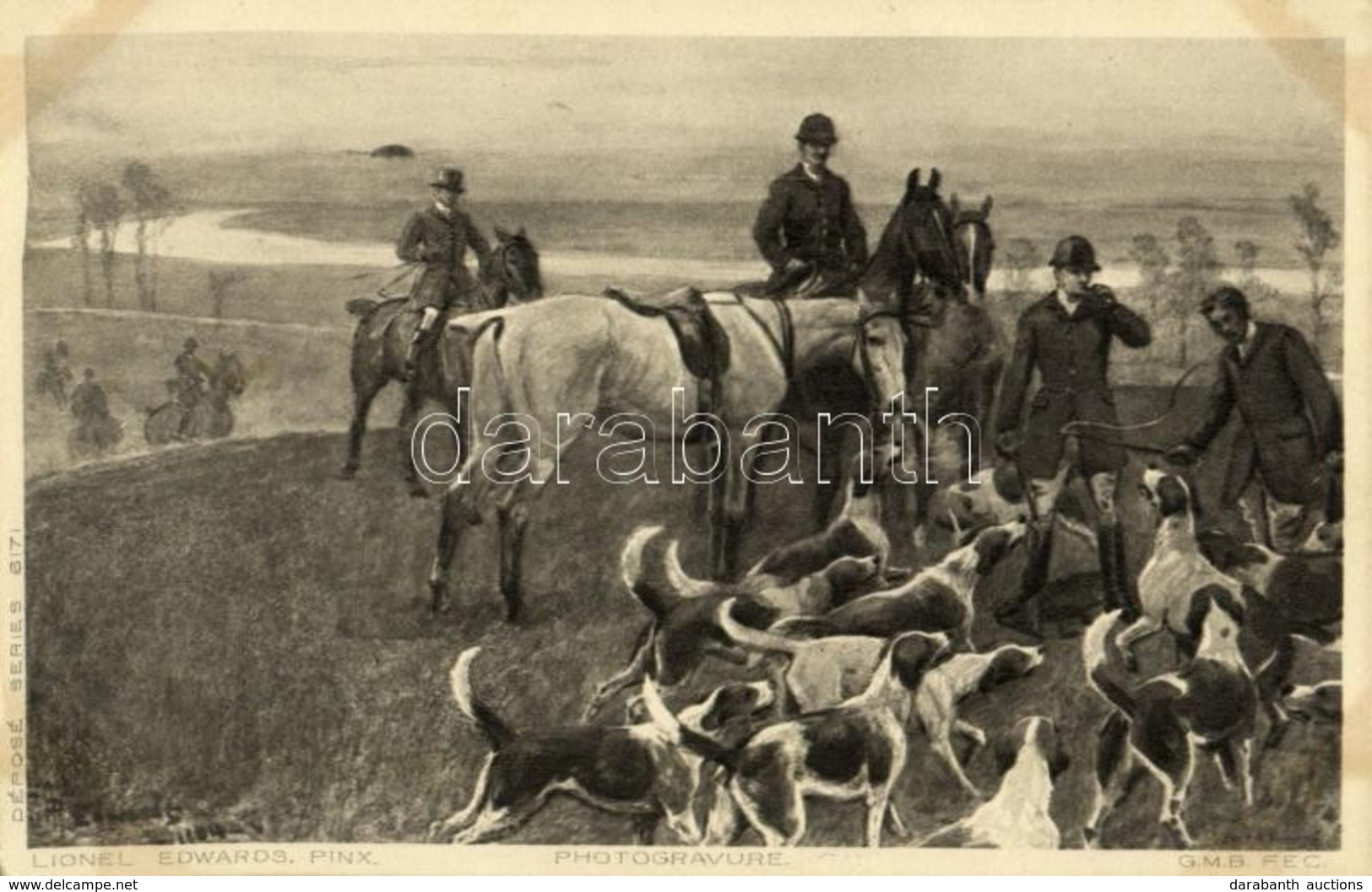 ** T2 Hunters On Horses With Hunting Dogs. Photogravure Series 6171. S: Lionel Edwards - Unclassified
