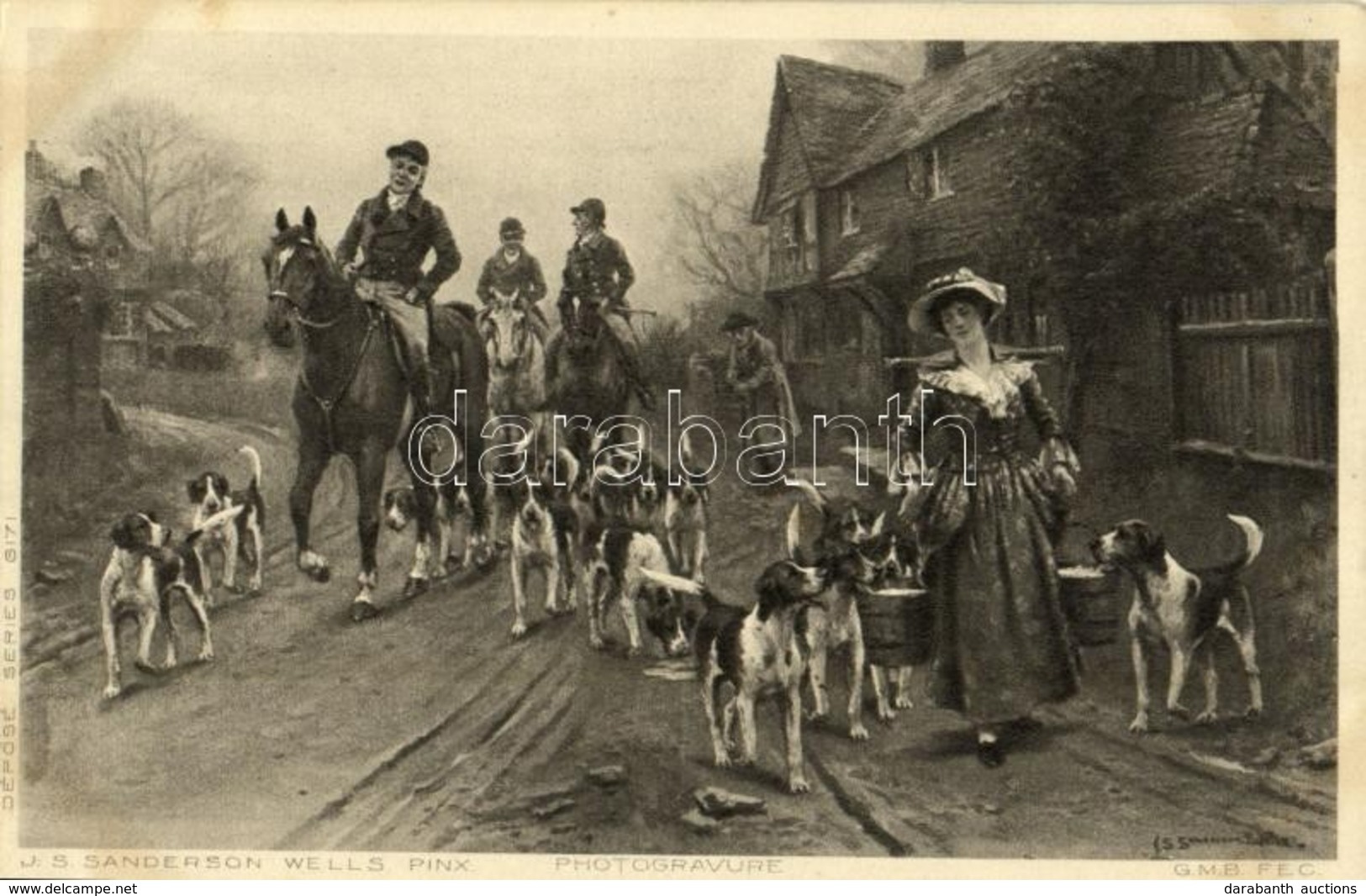 ** T2 Hunters On Horses With Hunting Dogs. Photogravure Series 6171. S: J.S. Sanderson Wells - Unclassified