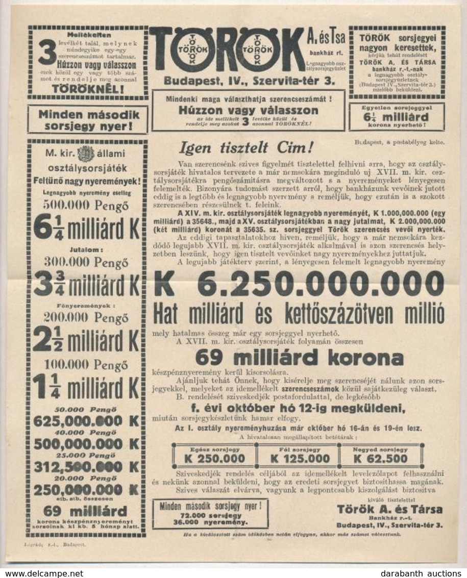 ~1940. 'Török A. és Társa Bankház R.-t.' Kitöltetlen Levelezőlapos Hirdetése A 'XVII. Magyar Királyi Osztálysorsjáték' I - Ohne Zuordnung